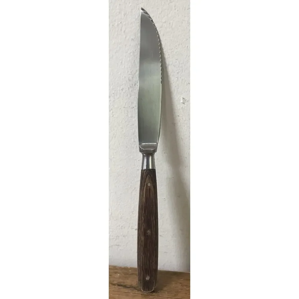 Set Lot 7 Vtg Mid Century Wood Wooden Handle Serrated Steak Knives 4.25” Blade